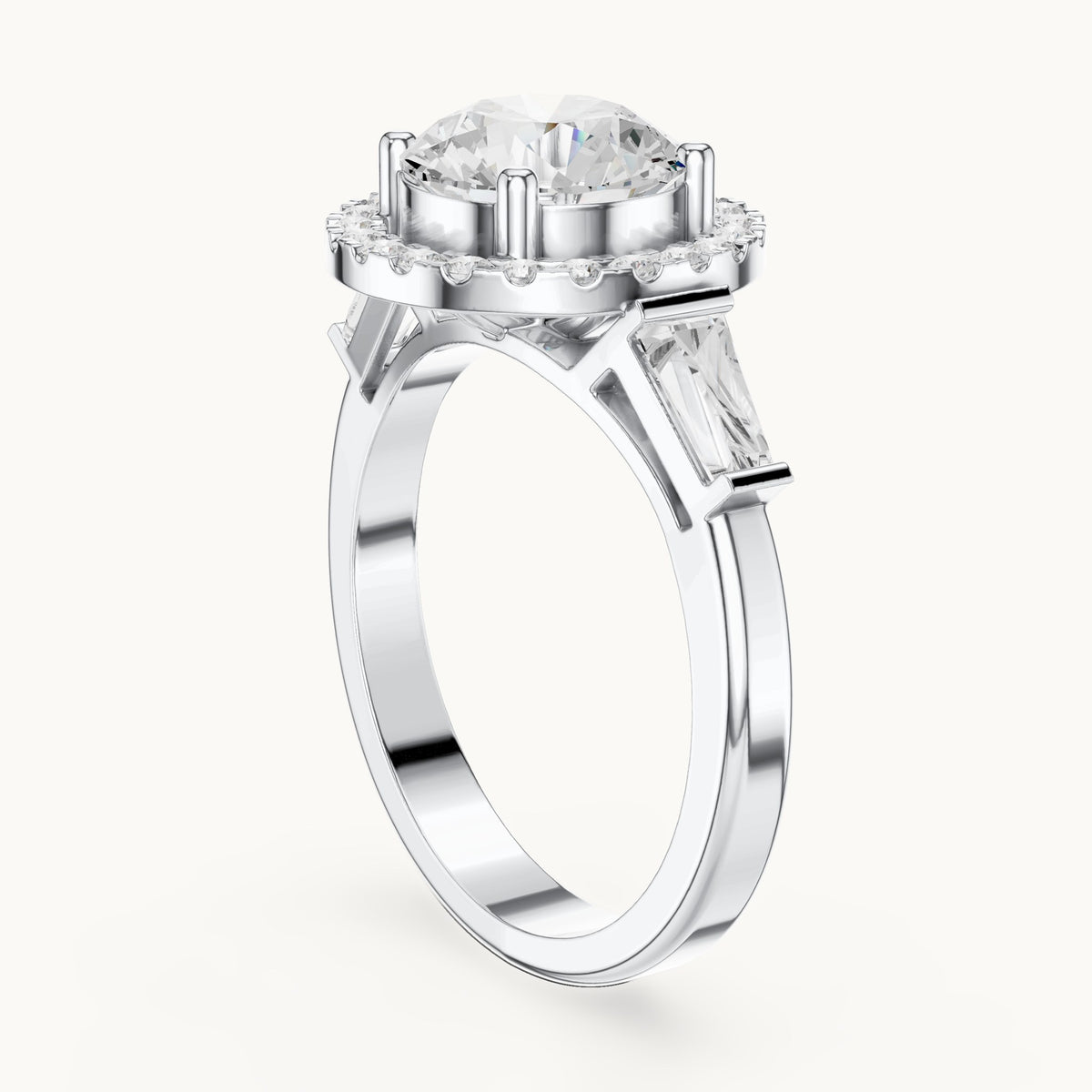 Round and baguette lab-grown diamond halo engagement ring with baguette side stones in white gold, 2.84 CT TW, view 1