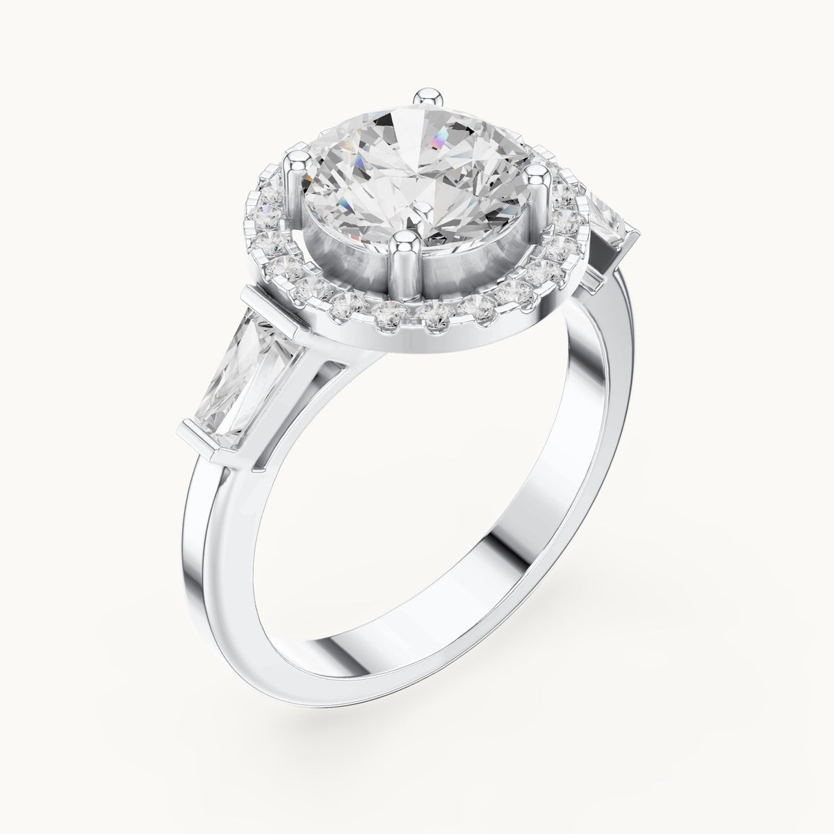 Round and baguette lab-grown diamond halo engagement ring with baguette side stones in white gold, 2.84 CT TW, view 2