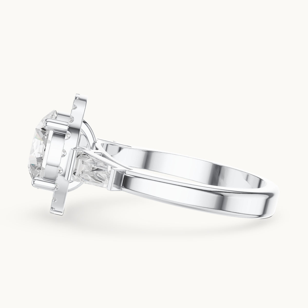 Round and baguette lab-grown diamond halo engagement ring with baguette side stones in white gold, 2.84 CT TW, view 3