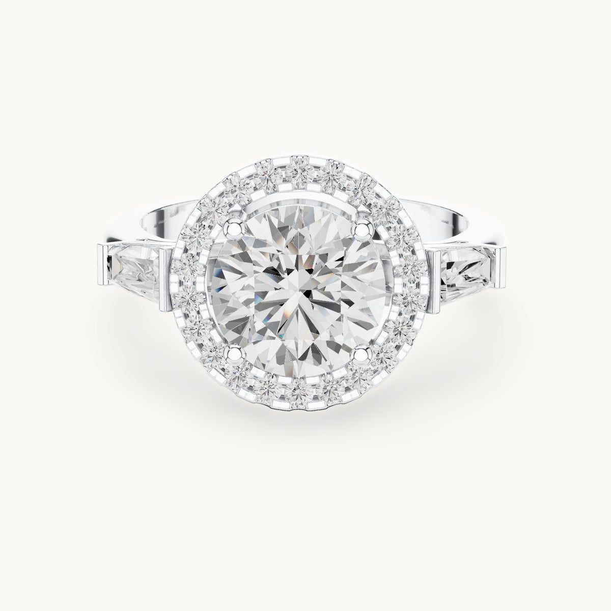 Round and baguette lab-grown diamond halo engagement ring with baguette side stones in white gold, 2.84 CT TW, view 4