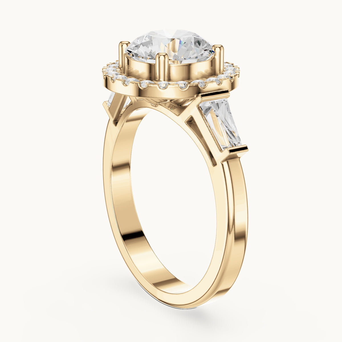 Round and baguette lab-grown diamond halo engagement ring with baguette side stones in yellow gold, 2.84 CT TW, view 1