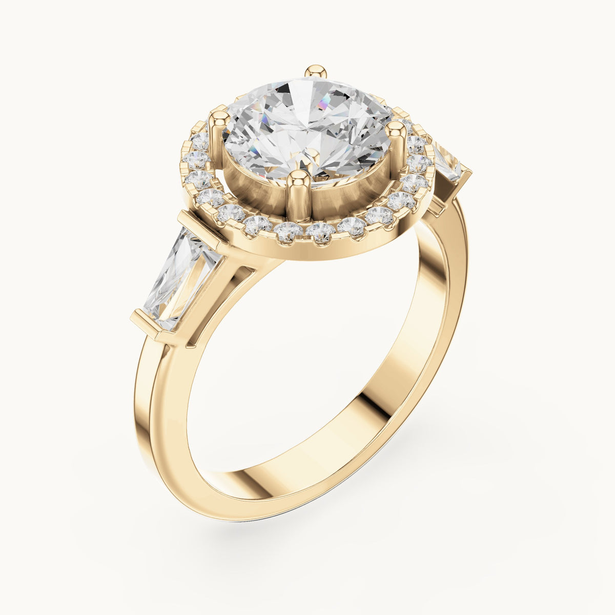 Round and baguette lab-grown diamond halo engagement ring with baguette side stones in yellow gold, 2.84 CT TW, view 2