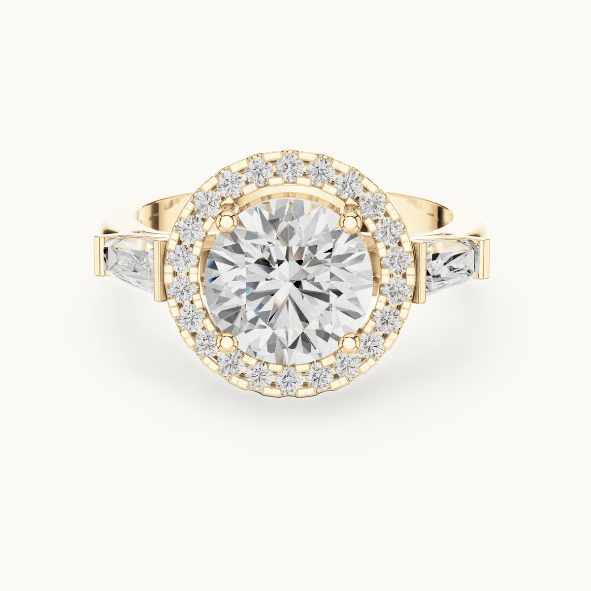 Round and baguette lab-grown diamond halo engagement ring with baguette side stones in yellow gold, 2.84 CT TW, view 4