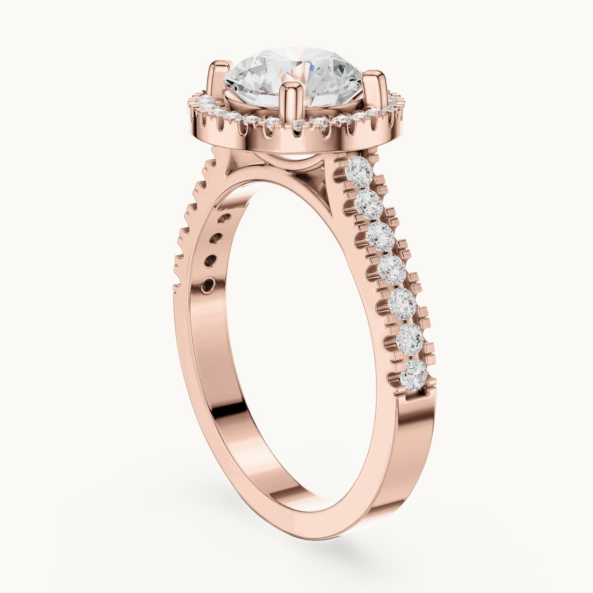 Round lab-grown diamond halo engagement ring with pavé band in rose gold, 1.835 CT TW, view 1