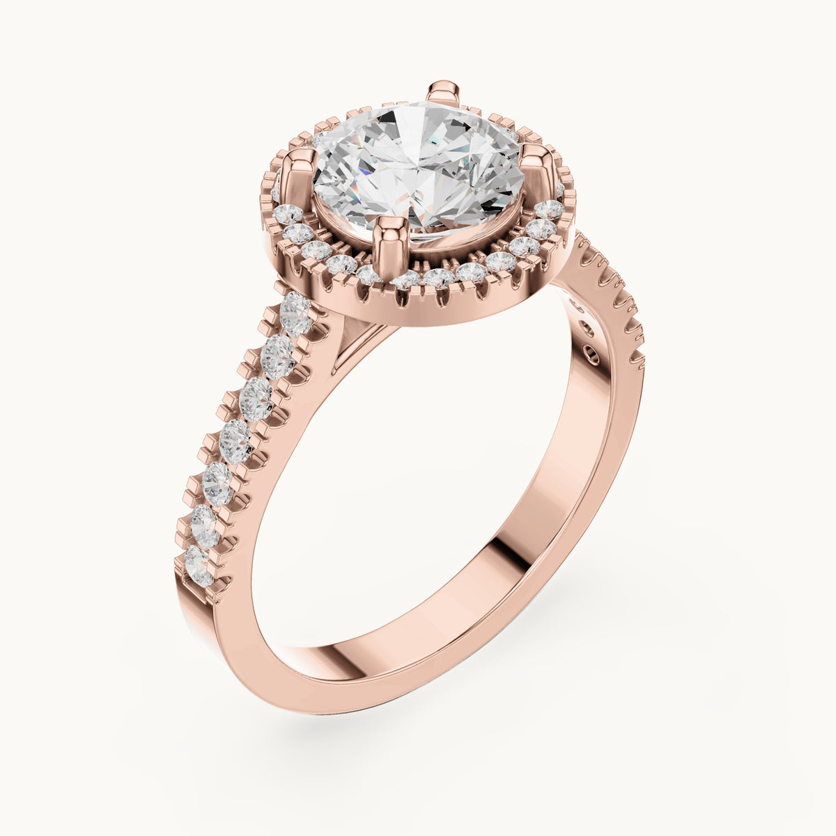 Round lab-grown diamond halo engagement ring with pavé band in rose gold, 1.835 CT TW, view 2