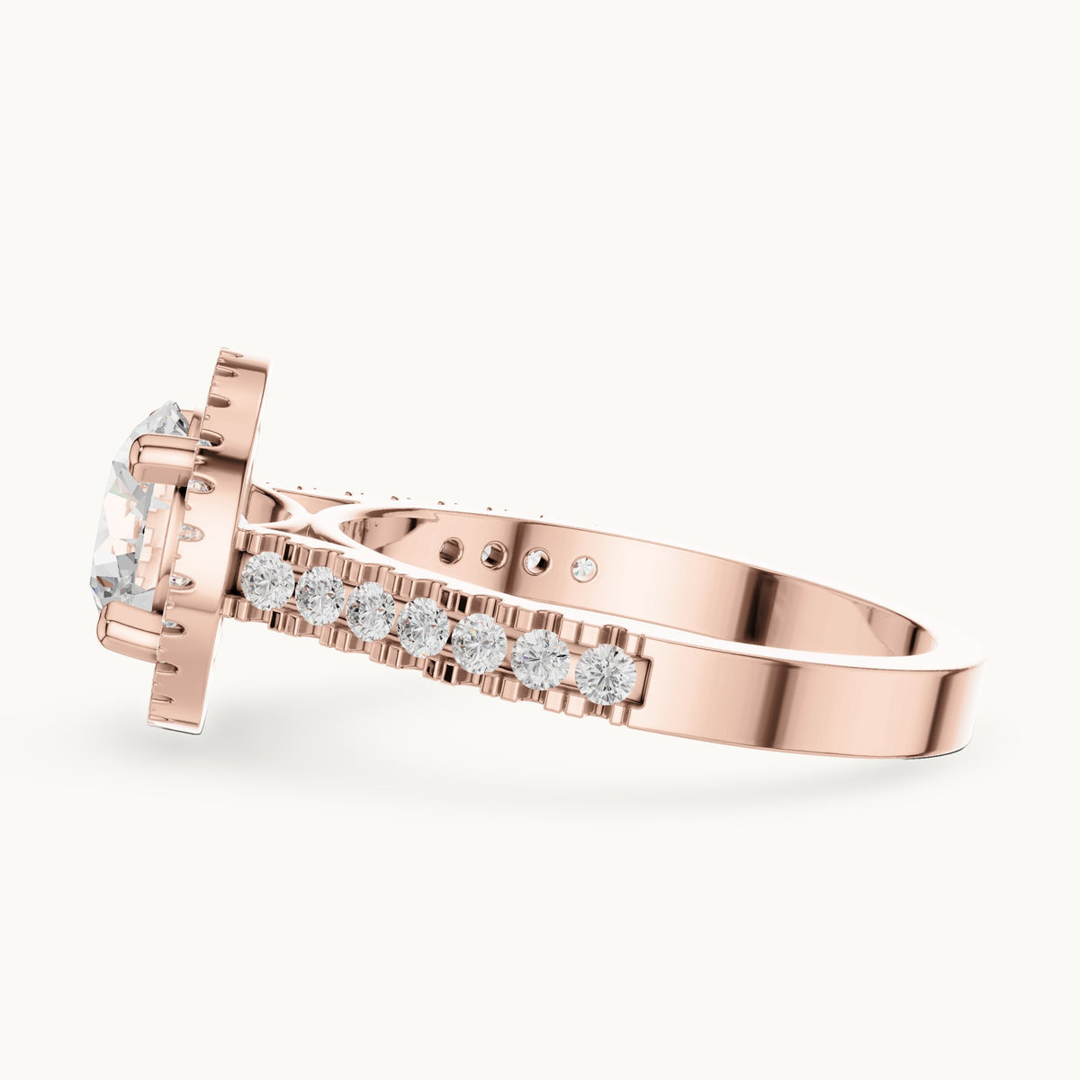 Round lab-grown diamond halo engagement ring with pavé band in rose gold, 1.835 CT TW, view 3