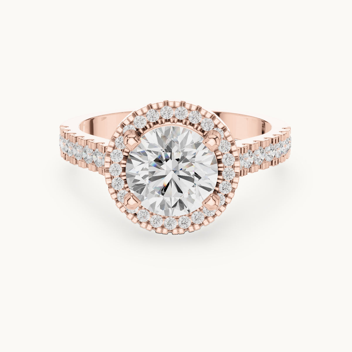 Round lab-grown diamond halo engagement ring with pavé band in rose gold, 1.835 CT TW, view 4