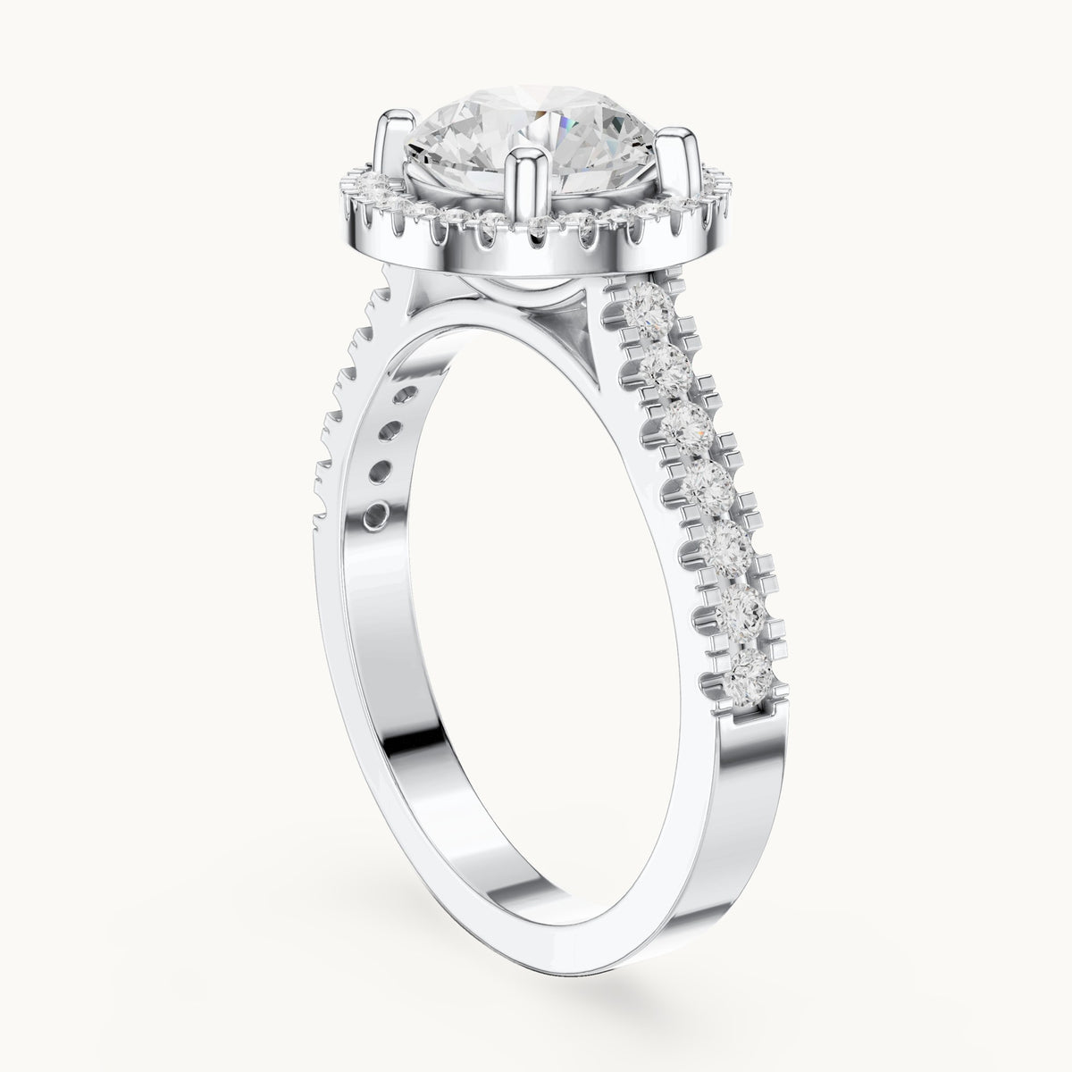 Round lab-grown diamond halo engagement ring with pavé band in white gold, 1.835 CT TW, view 1