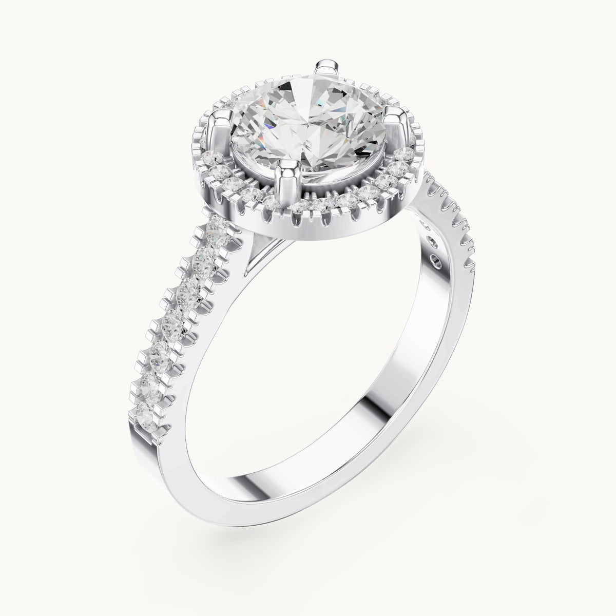 Round lab-grown diamond halo engagement ring with pavé band in white gold, 1.835 CT TW, view 2