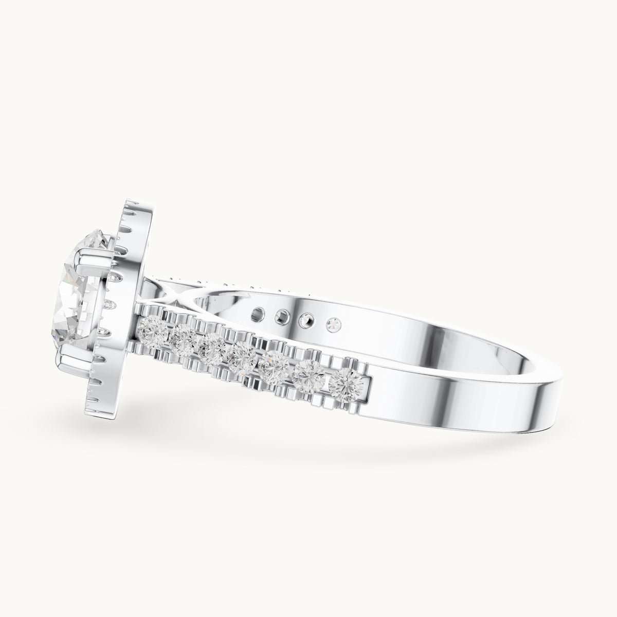 Round lab-grown diamond halo engagement ring with pavé band in white gold, 1.835 CT TW, view 3