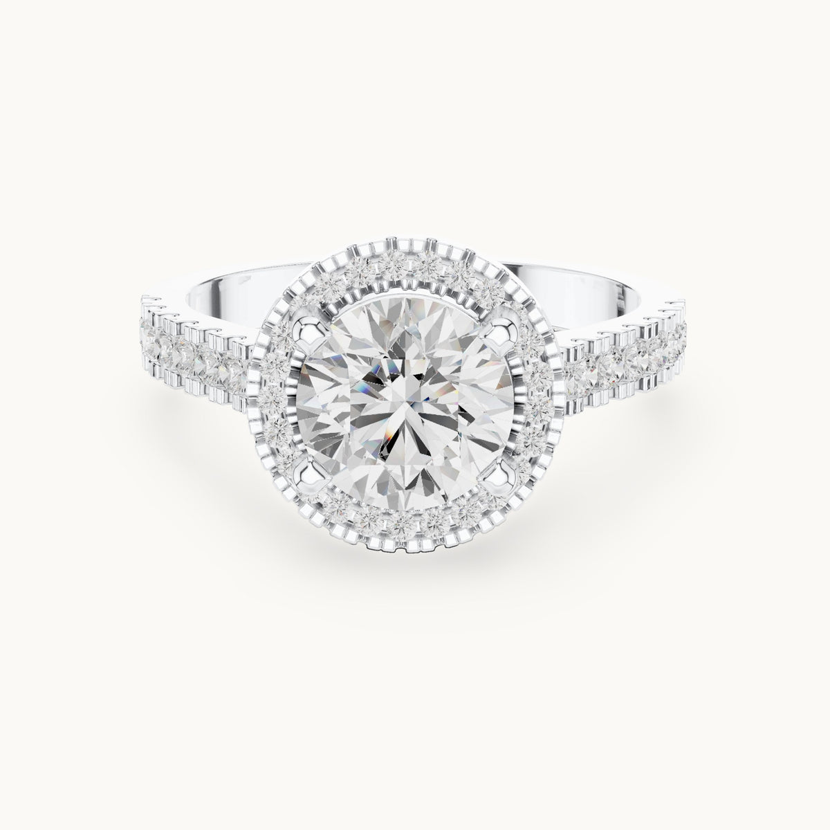 Round lab-grown diamond halo engagement ring with pavé band in white gold, 1.835 CT TW, view 4