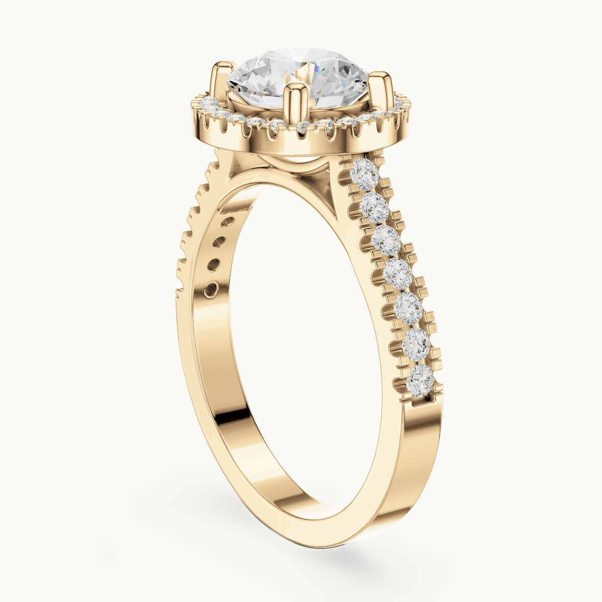 Round lab-grown diamond halo engagement ring with pavé band in yellow gold, 1.835 CT TW, view 1