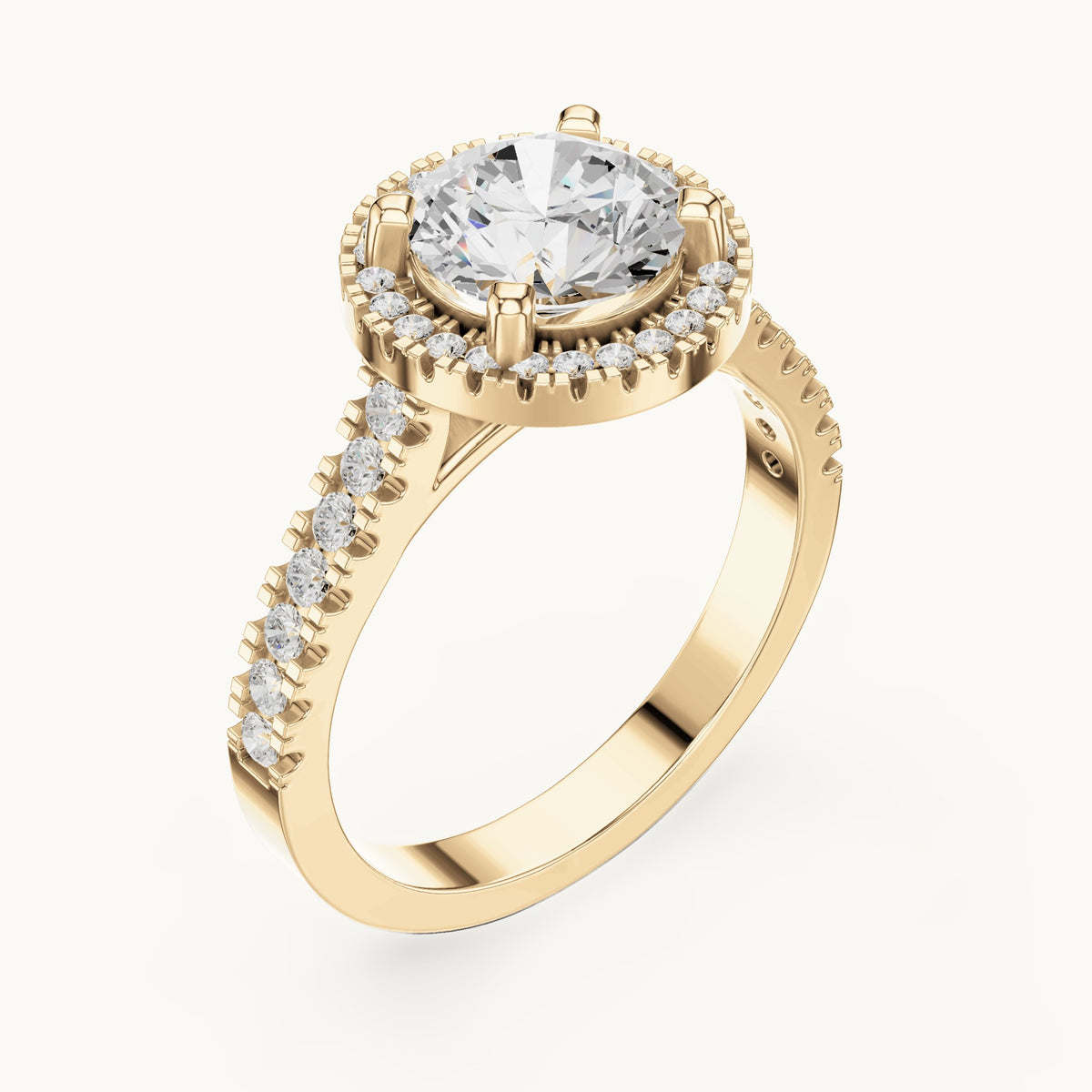 Round lab-grown diamond halo engagement ring with pavé band in yellow gold, 1.835 CT TW, view 2