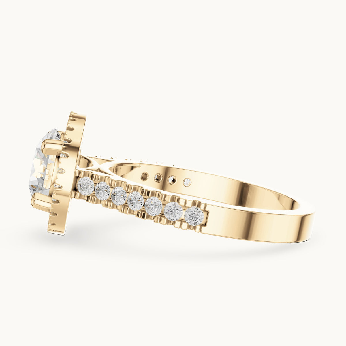 Round lab-grown diamond halo engagement ring with pavé band in yellow gold, 1.835 CT TW, view 3