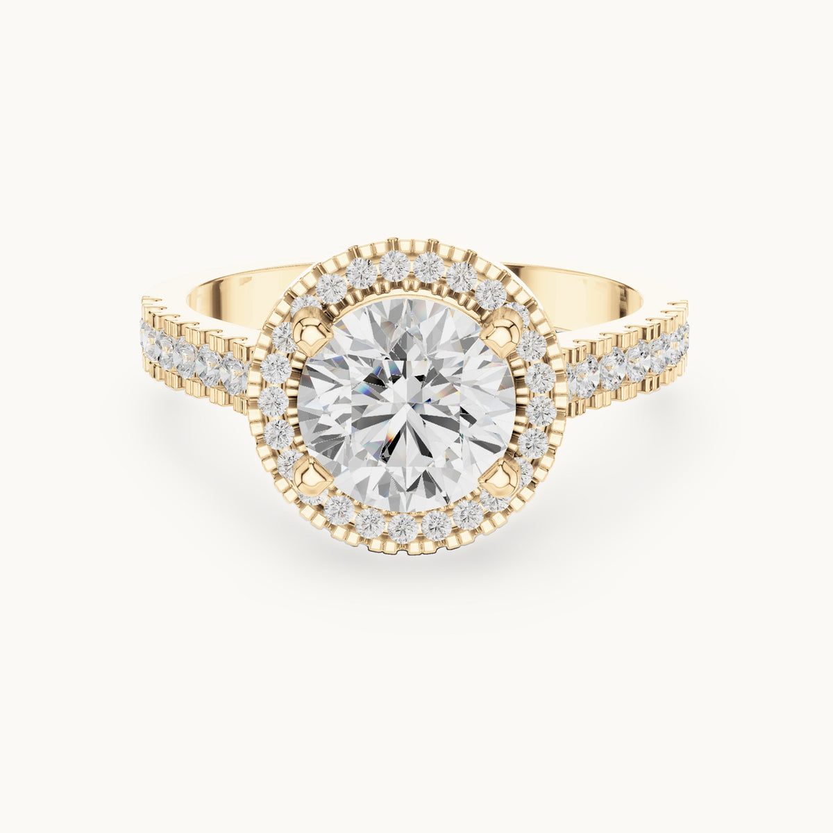 Round lab-grown diamond halo engagement ring with pavé band in yellow gold, 1.835 CT TW, view 4