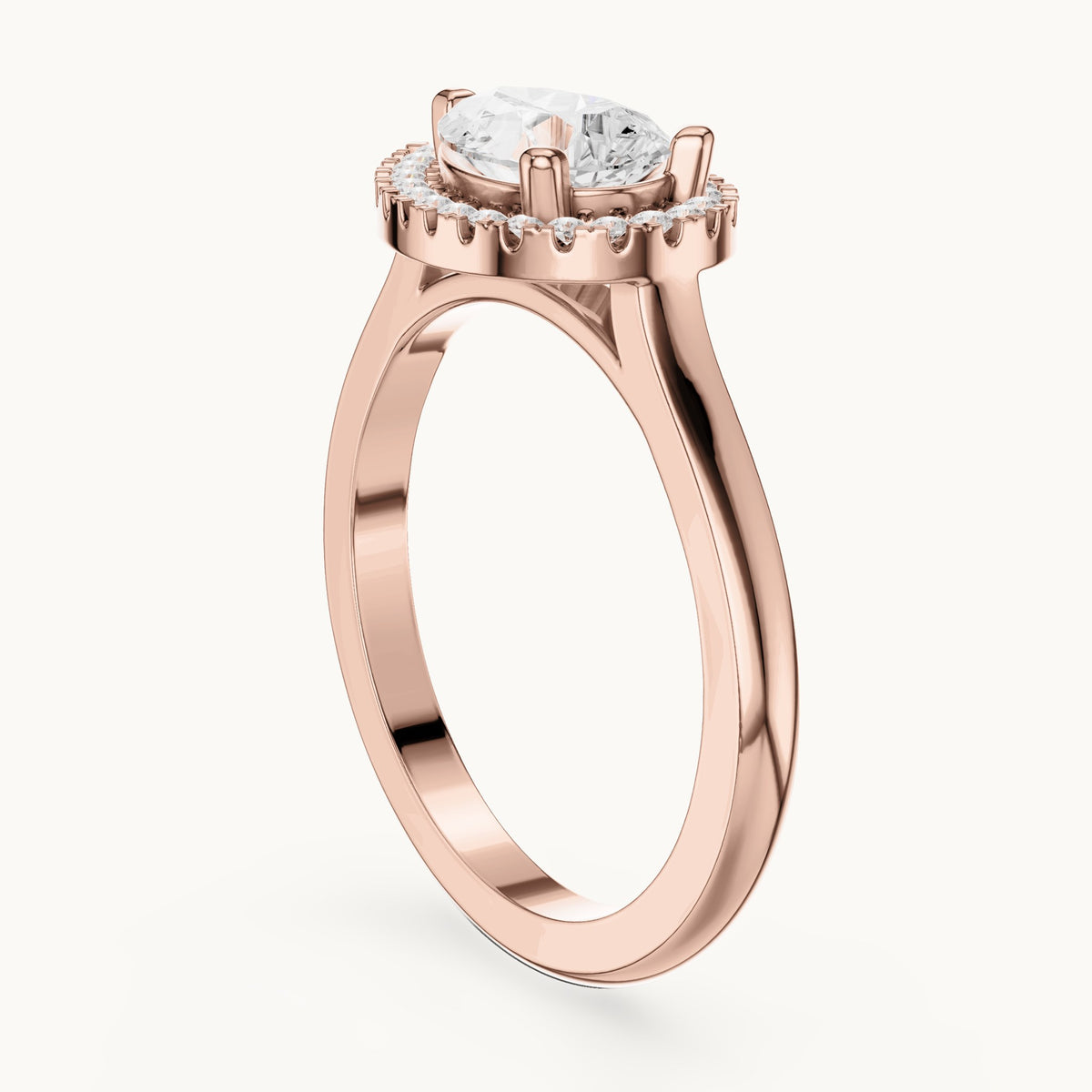 Pear and round lab-grown diamond tilted halo engagement ring in rose gold, 1.071 CT TW, view 1
