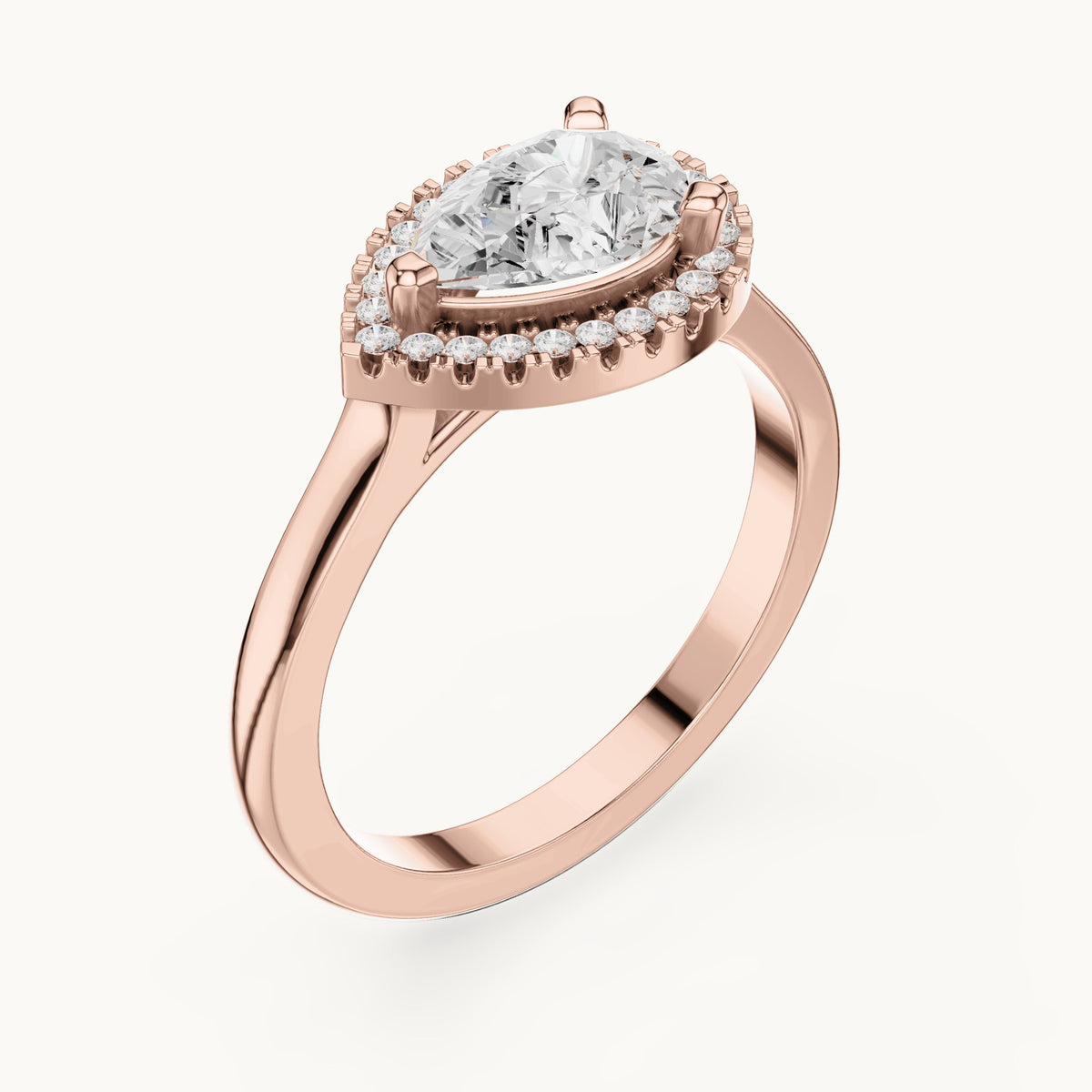 Pear and round lab-grown diamond tilted halo engagement ring in rose gold, 1.071 CT TW, view 2