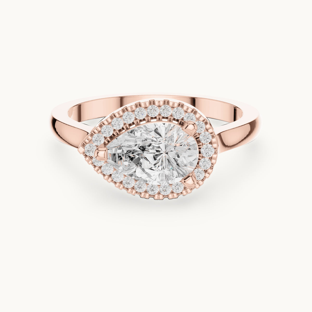 Pear and round lab-grown diamond tilted halo engagement ring in rose gold, 1.071 CT TW, view 4