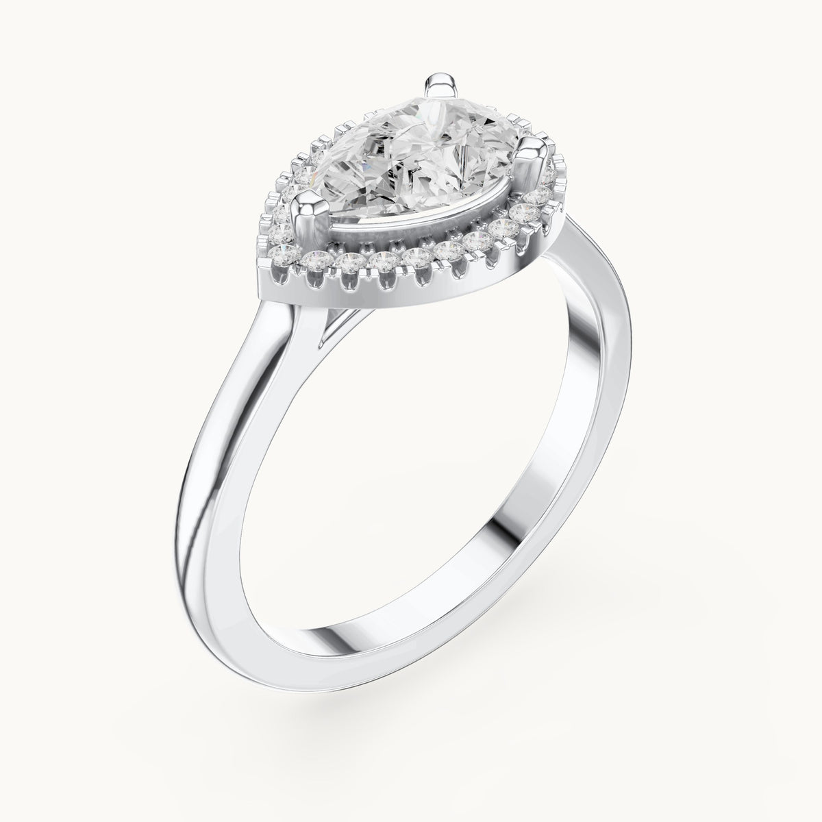 Pear and round lab-grown diamond tilted halo engagement ring in white gold, 1.071 CT TW, view 2