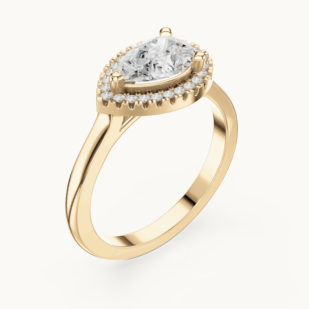 Pear and round lab-grown diamond tilted halo engagement ring in yellow gold, 1.071 CT TW, view 2