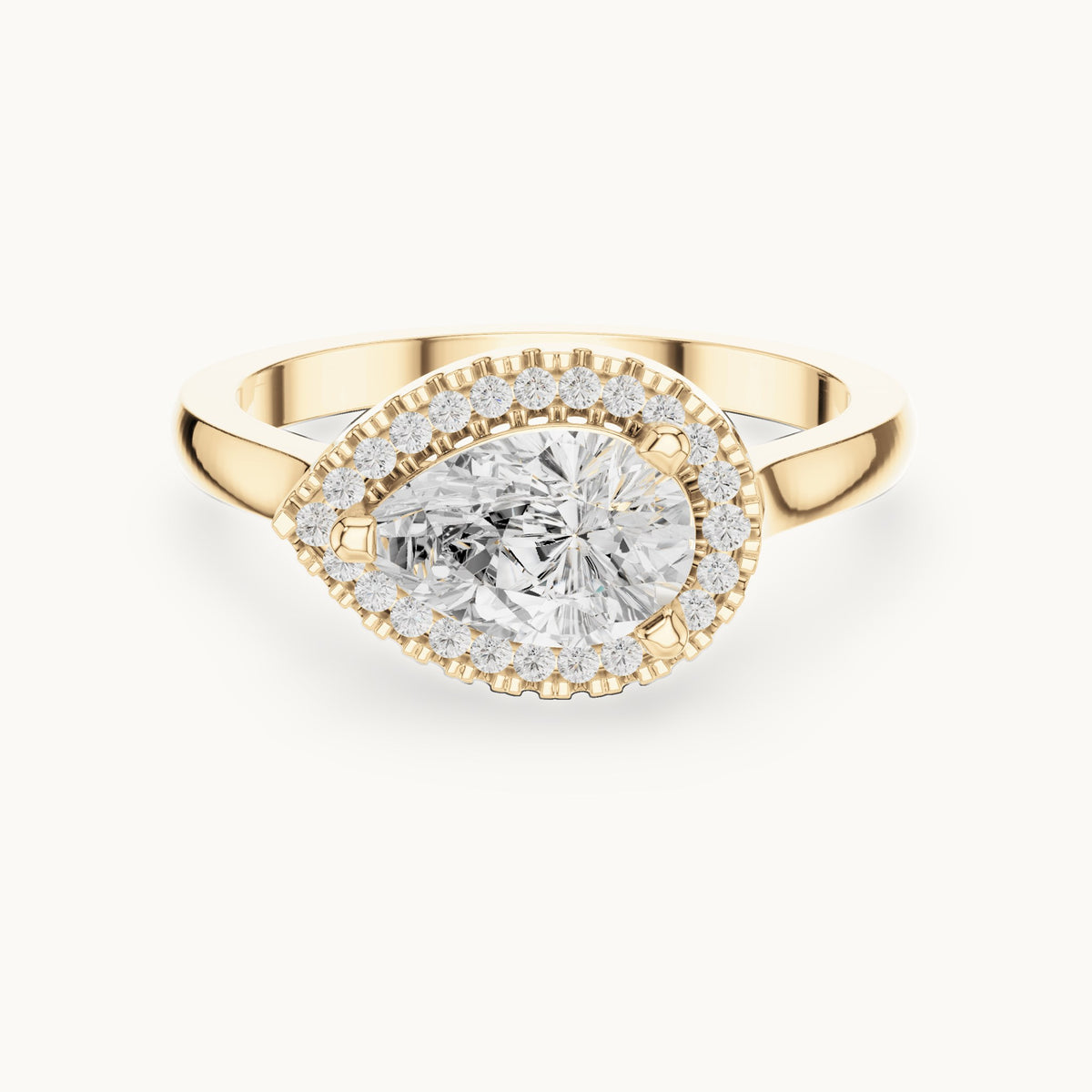 Pear and round lab-grown diamond tilted halo engagement ring in yellow gold, 1.071 CT TW, view 4