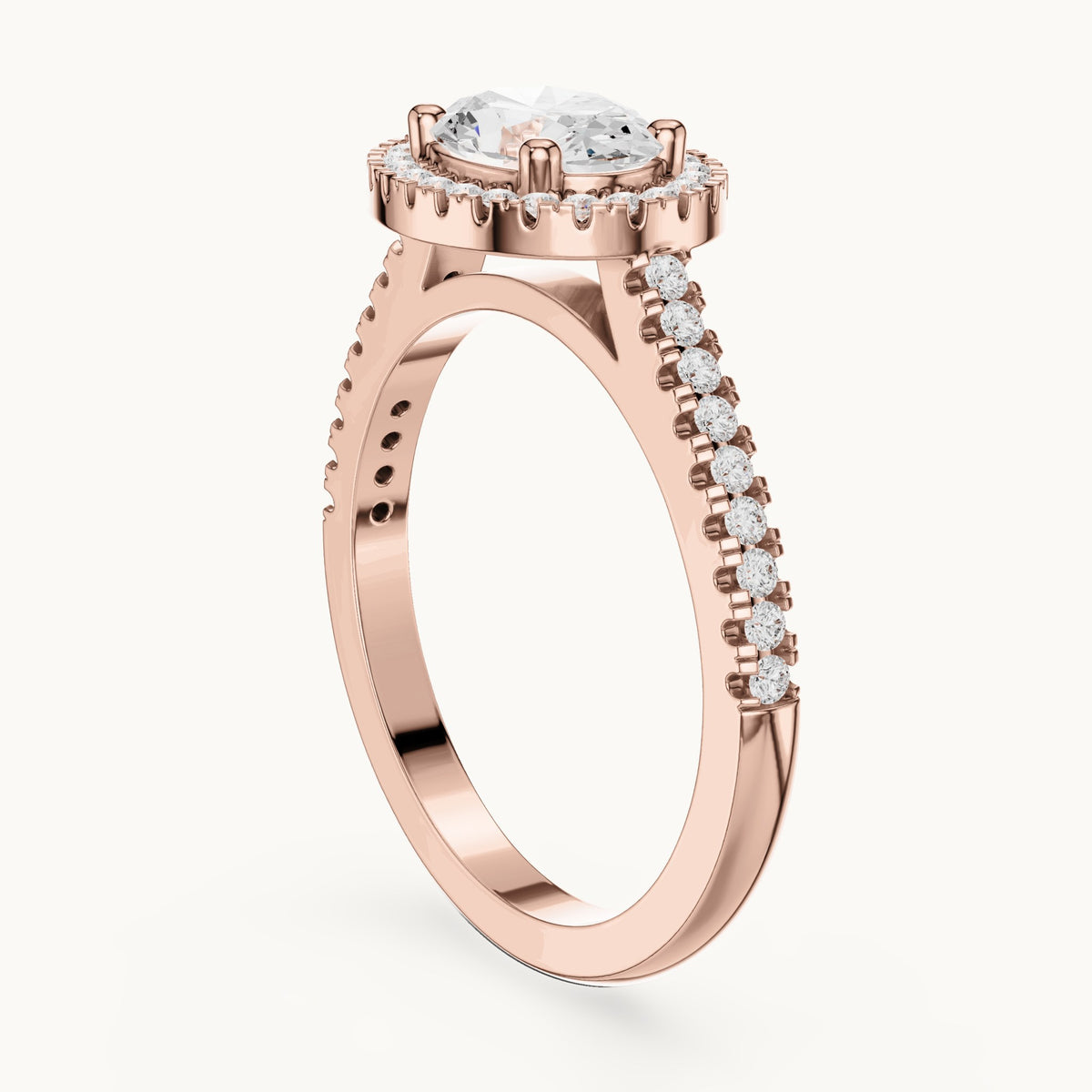 Oval and round lab-grown diamond halo engagement ring with pavé band in rose gold, 1.119 CT TW, view 1