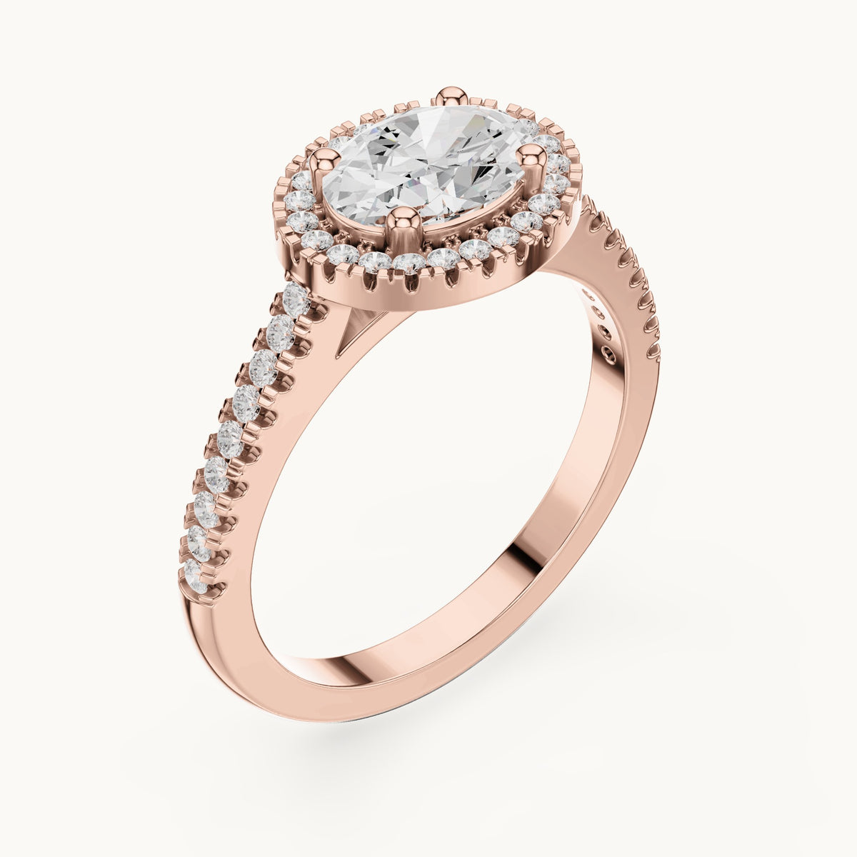 Oval and round lab-grown diamond halo engagement ring with pavé band in rose gold, 1.119 CT TW, view 2