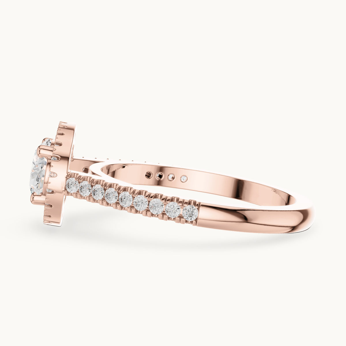 Oval and round lab-grown diamond halo engagement ring with pavé band in rose gold, 1.119 CT TW, view 3
