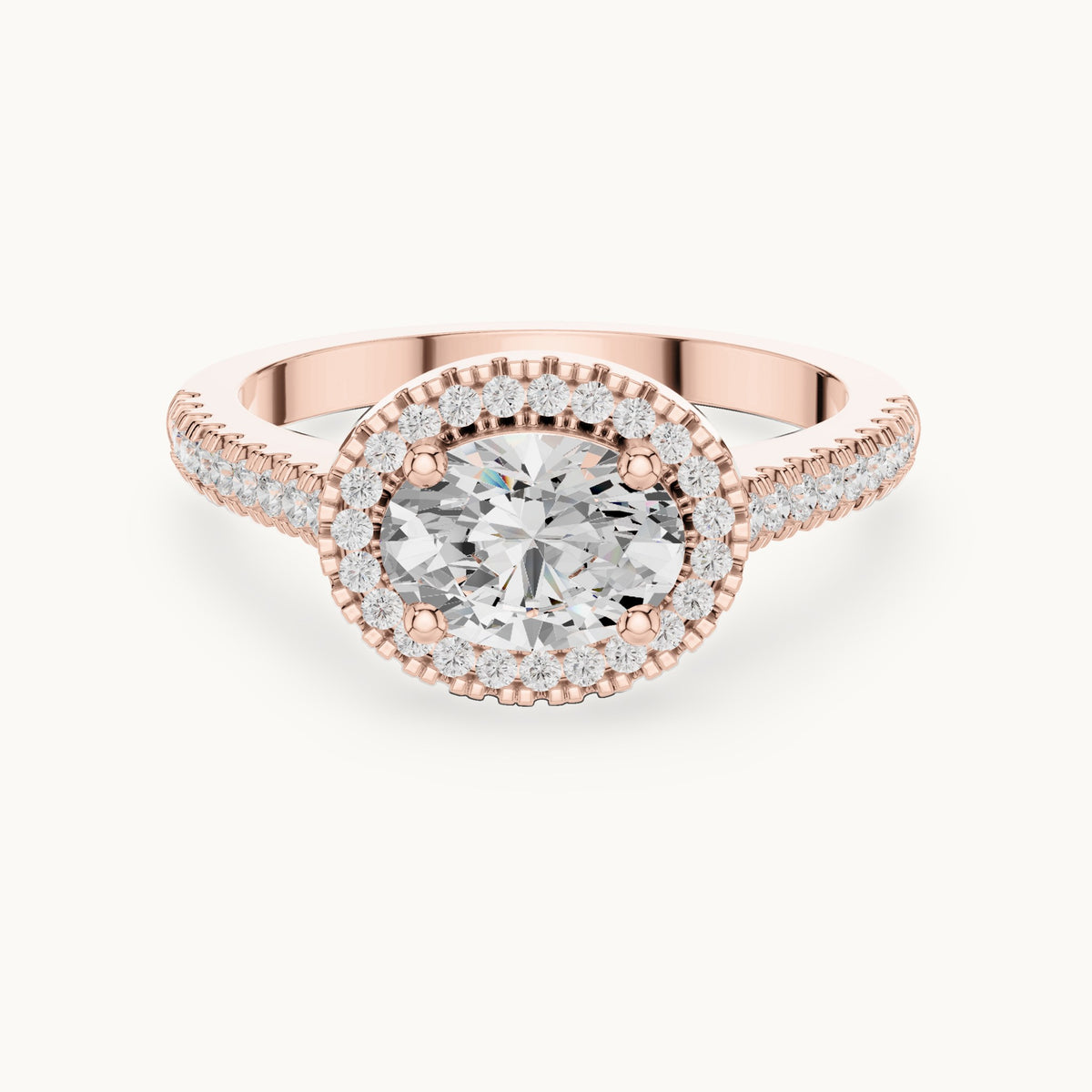 Oval and round lab-grown diamond halo engagement ring with pavé band in rose gold, 1.119 CT TW, view 4