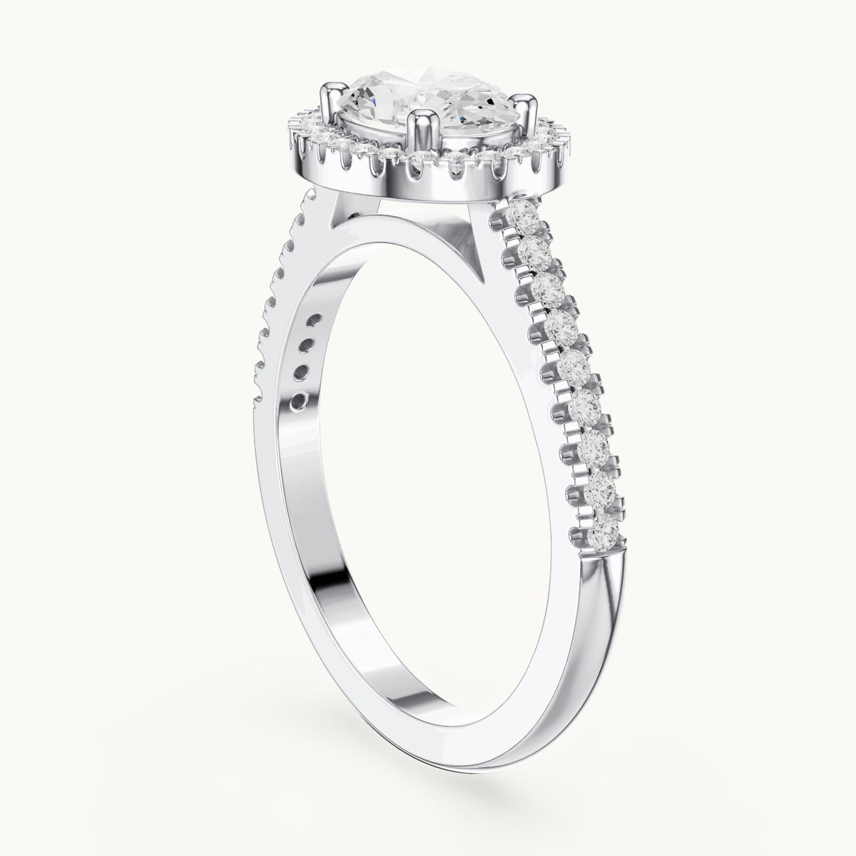 Oval and round lab-grown diamond halo engagement ring with pavé band in white gold, 1.119 CT TW, view 1