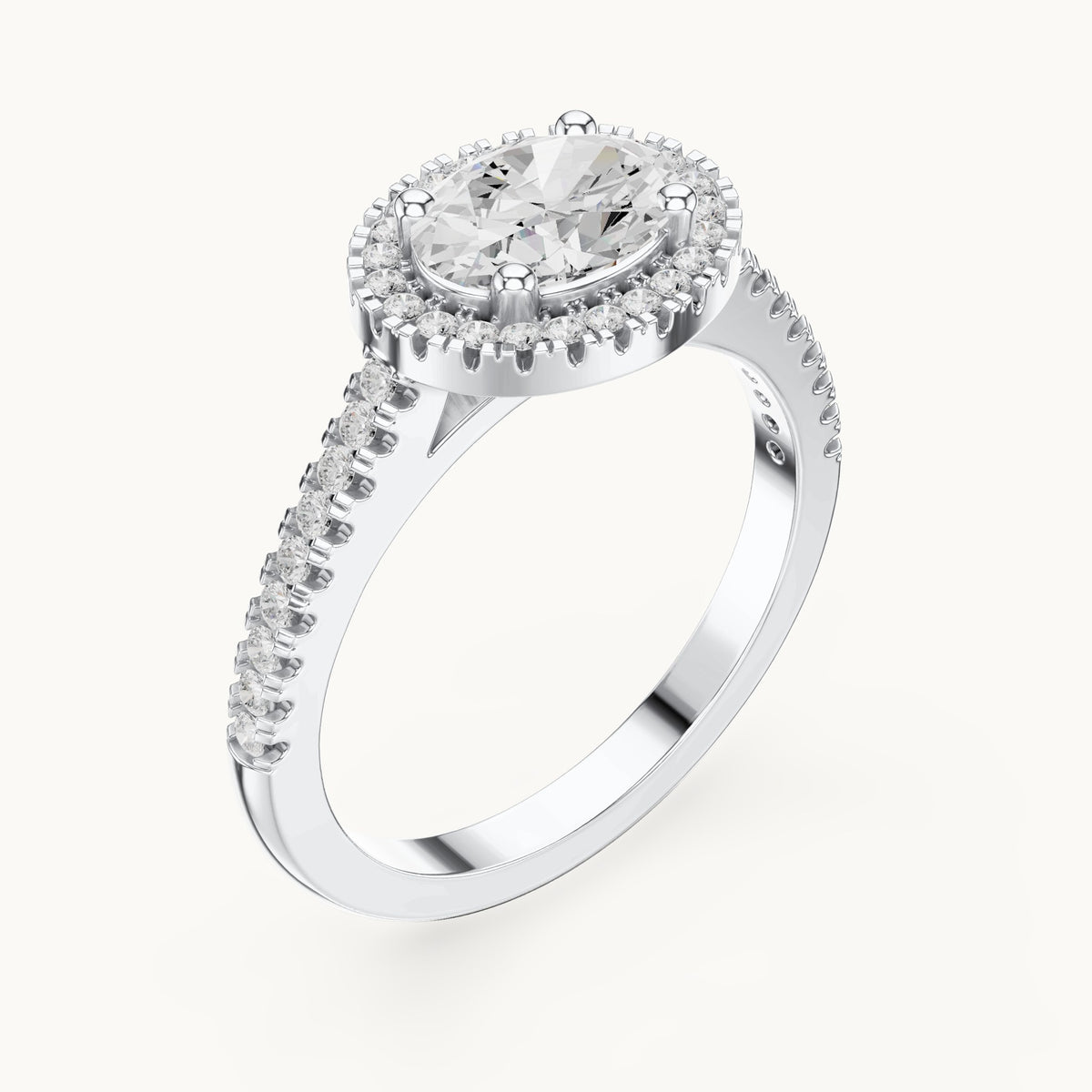Oval and round lab-grown diamond halo engagement ring with pavé band in white gold, 1.119 CT TW, view 2
