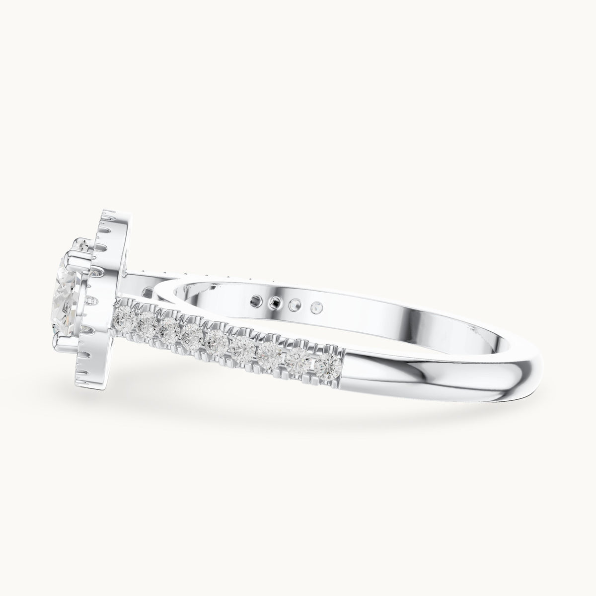 Oval and round lab-grown diamond halo engagement ring with pavé band in white gold, 1.119 CT TW, view 3