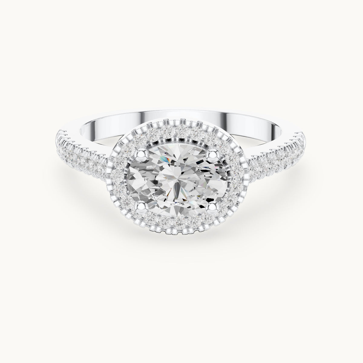 Oval and round lab-grown diamond halo engagement ring with pavé band in white gold, 1.119 CT TW, view 4