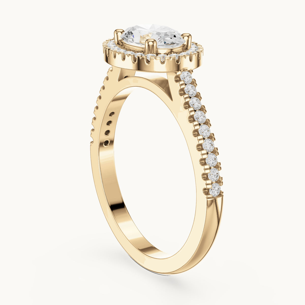 Oval and round lab-grown diamond halo engagement ring with pavé band in yellow gold, 1.119 CT TW, view 1