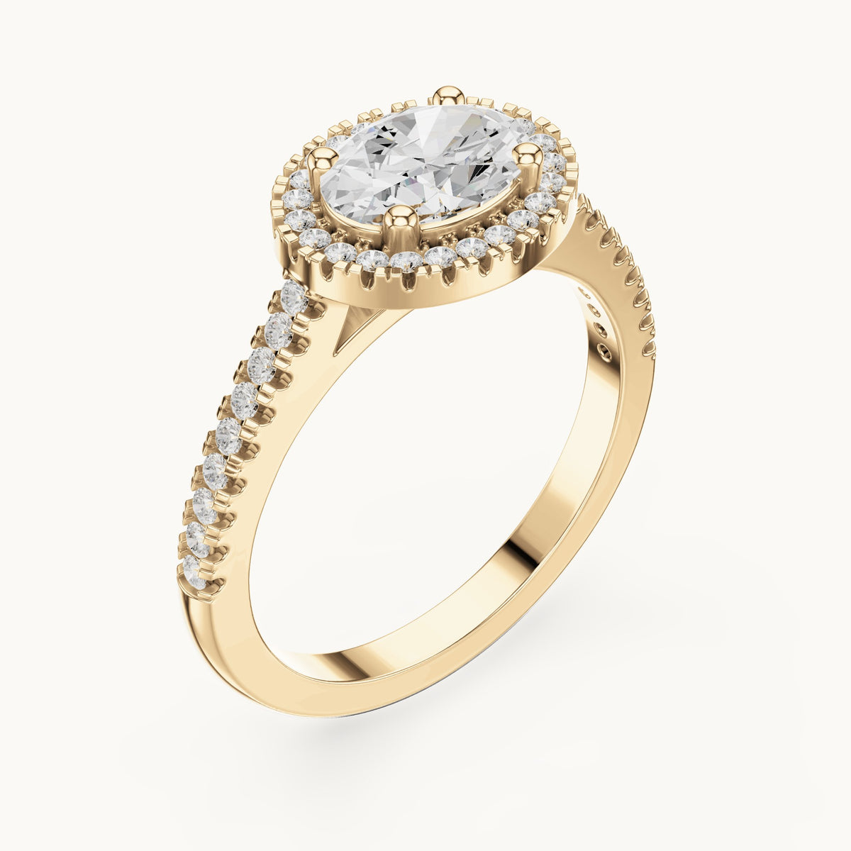 Oval and round lab-grown diamond halo engagement ring with pavé band in yellow gold, 1.119 CT TW, view 2