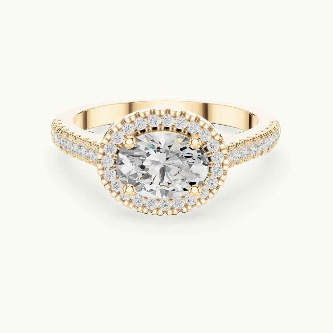 Oval and round lab-grown diamond halo engagement ring with pavé band in yellow gold, 1.119 CT TW, view 4