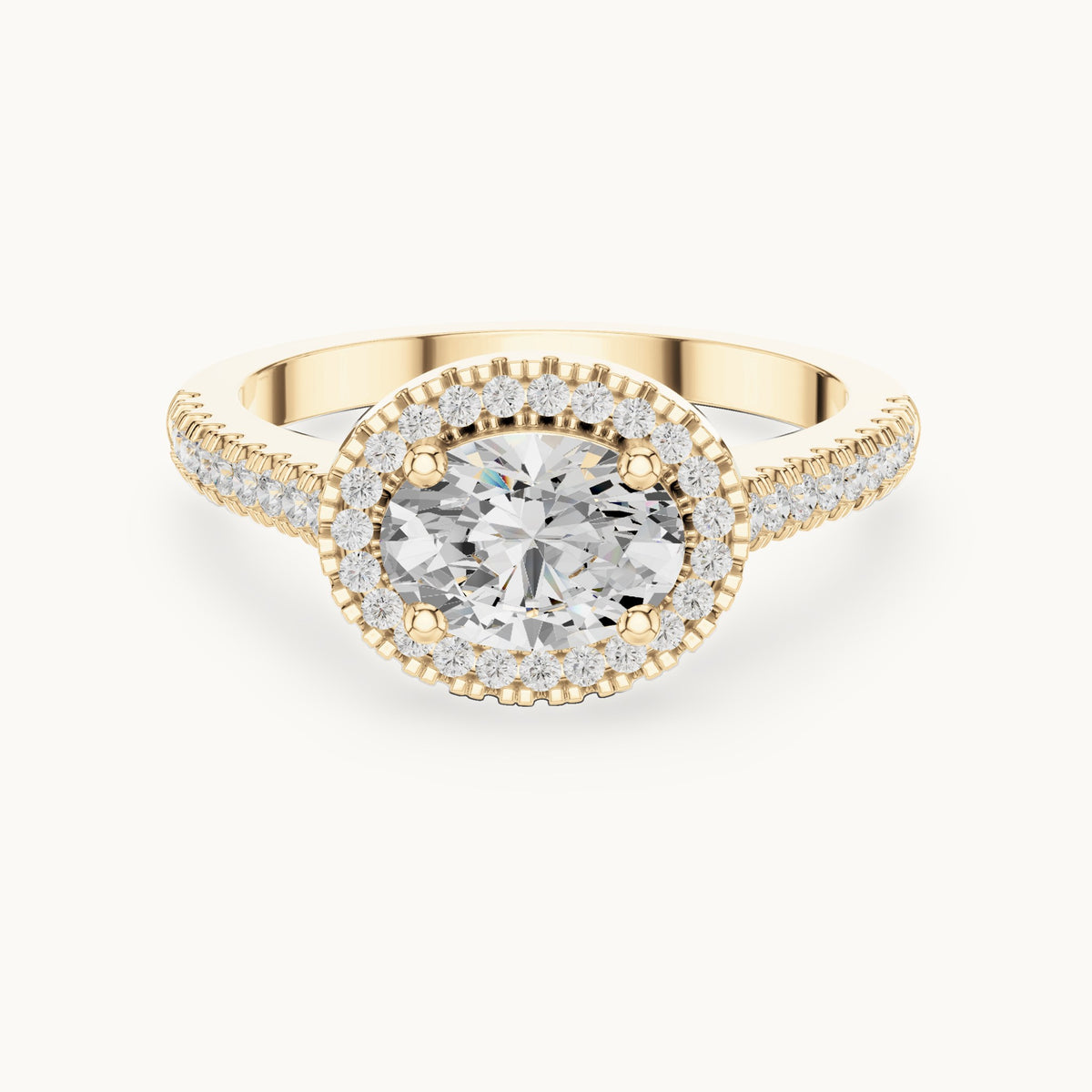 Oval and round lab-grown diamond halo engagement ring with pavé band in yellow gold, 1.119 CT TW, view 4