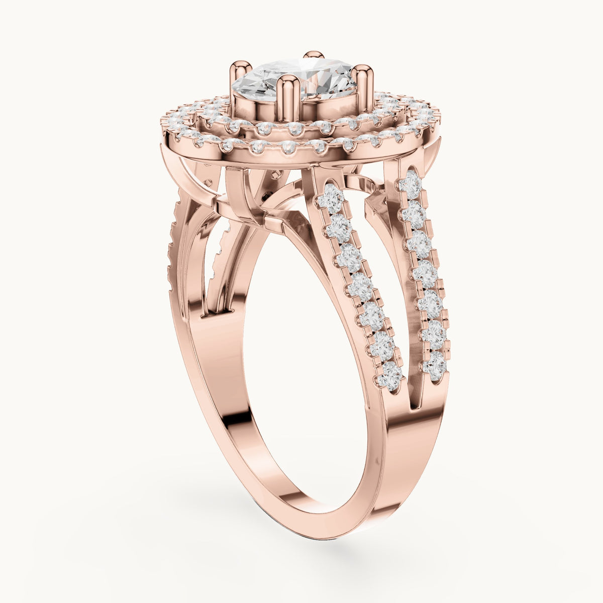 Oval and round lab-grown diamond double halo split shank engagement ring in rose gold, 1.72 CT TW, view 1