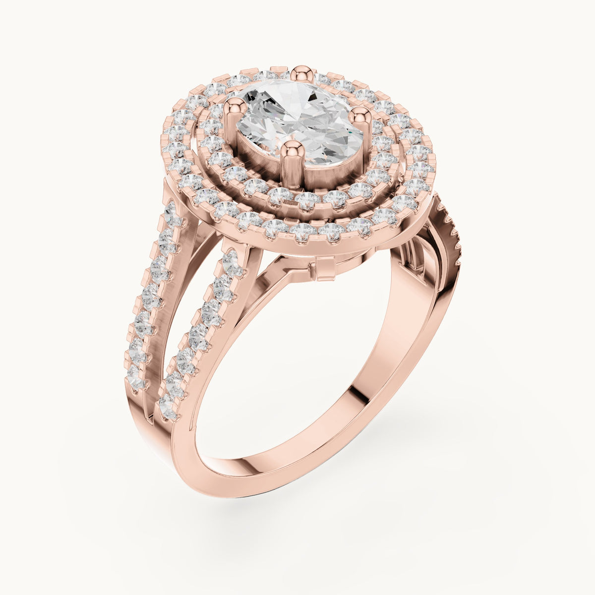 Oval and round lab-grown diamond double halo split shank engagement ring in rose gold, 1.72 CT TW, view 2