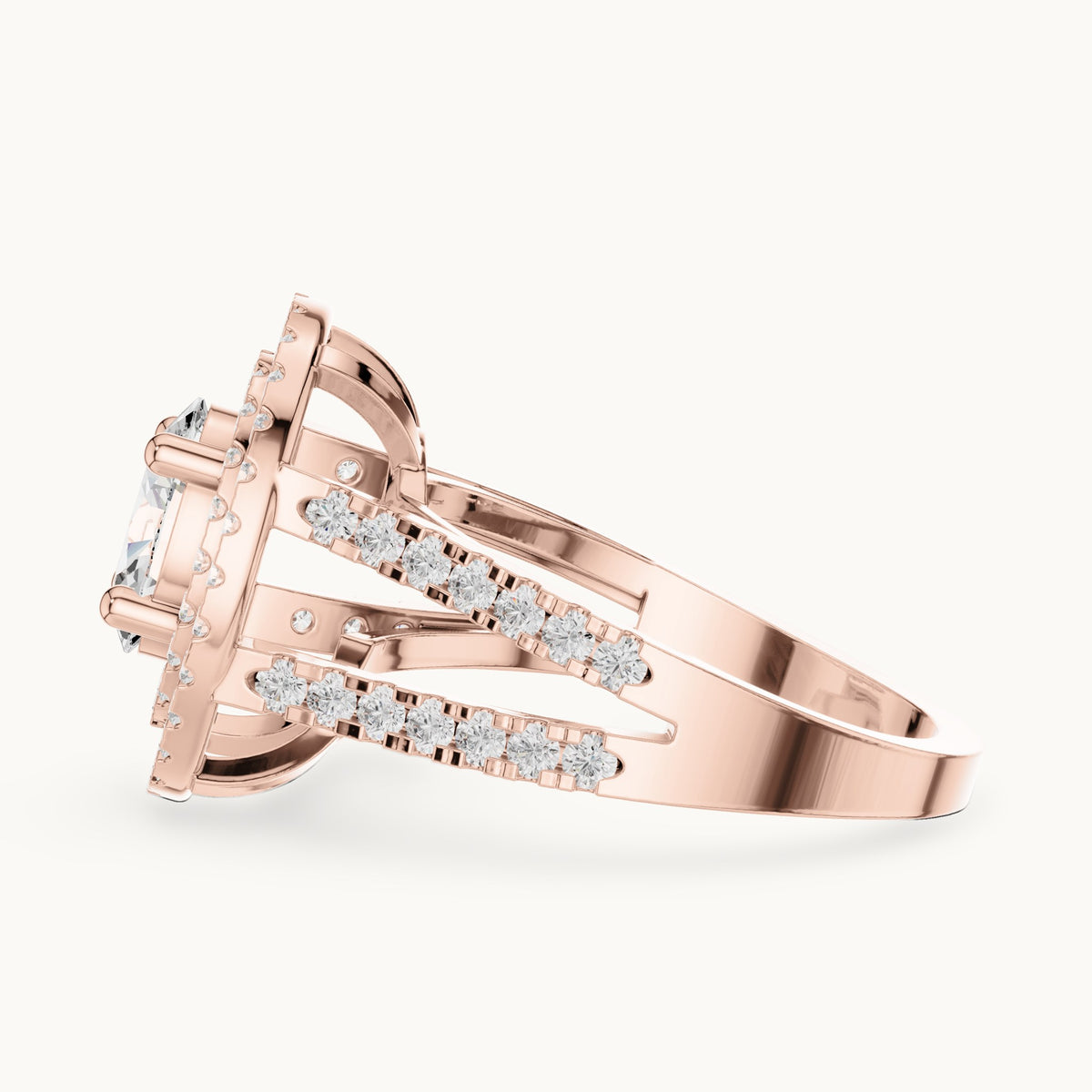 Oval and round lab-grown diamond double halo split shank engagement ring in rose gold, 1.72 CT TW, view 3