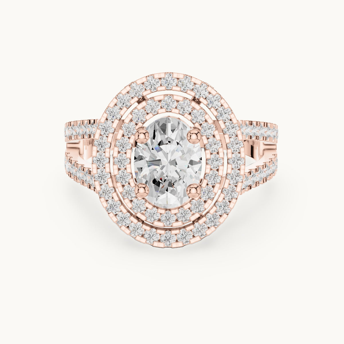 Oval and round lab-grown diamond double halo split shank engagement ring in rose gold, 1.72 CT TW, view 4