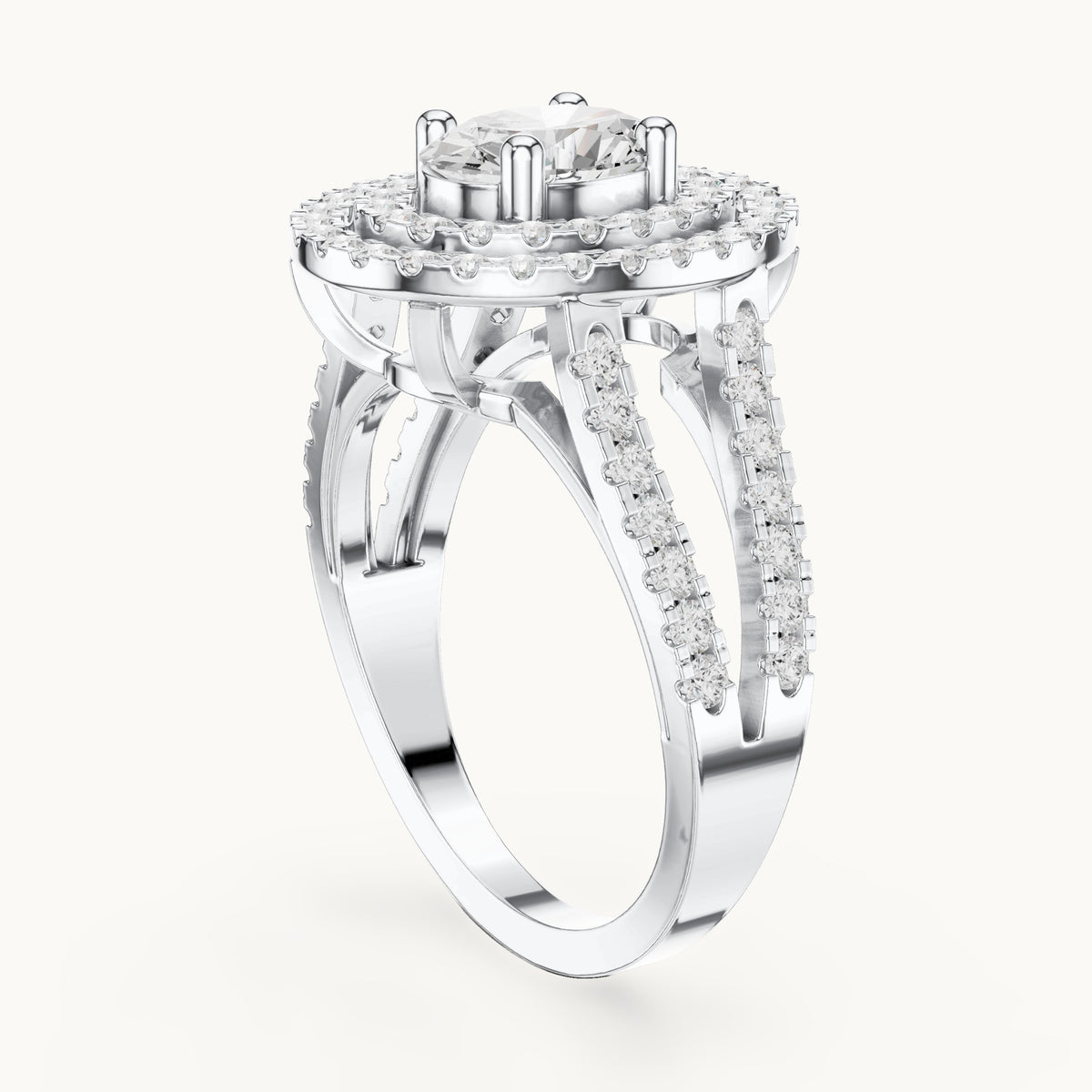 Oval and round lab-grown diamond double halo split shank engagement ring in white gold, 1.72 CT TW, view 1