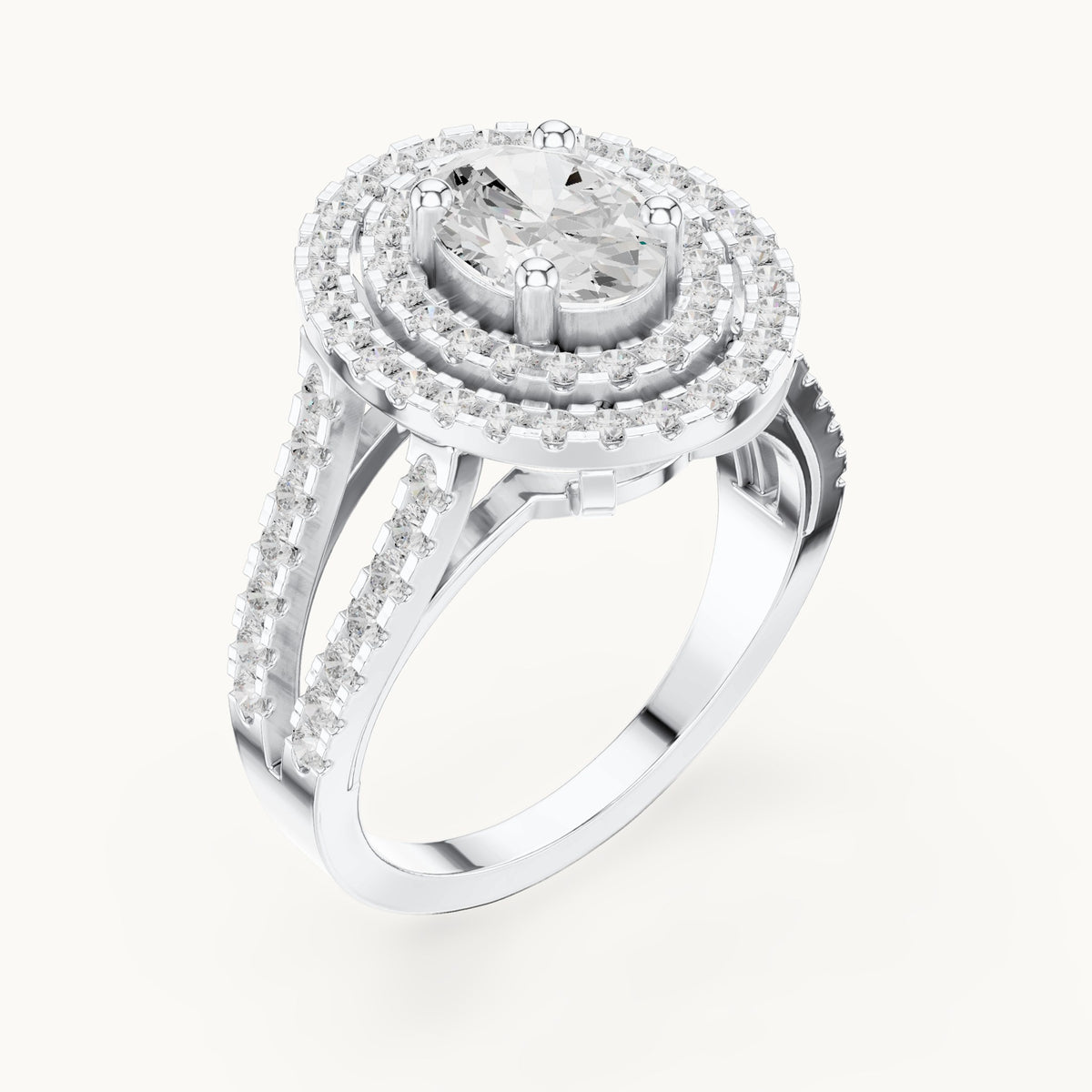 Oval and round lab-grown diamond double halo split shank engagement ring in white gold, 1.72 CT TW, view 2