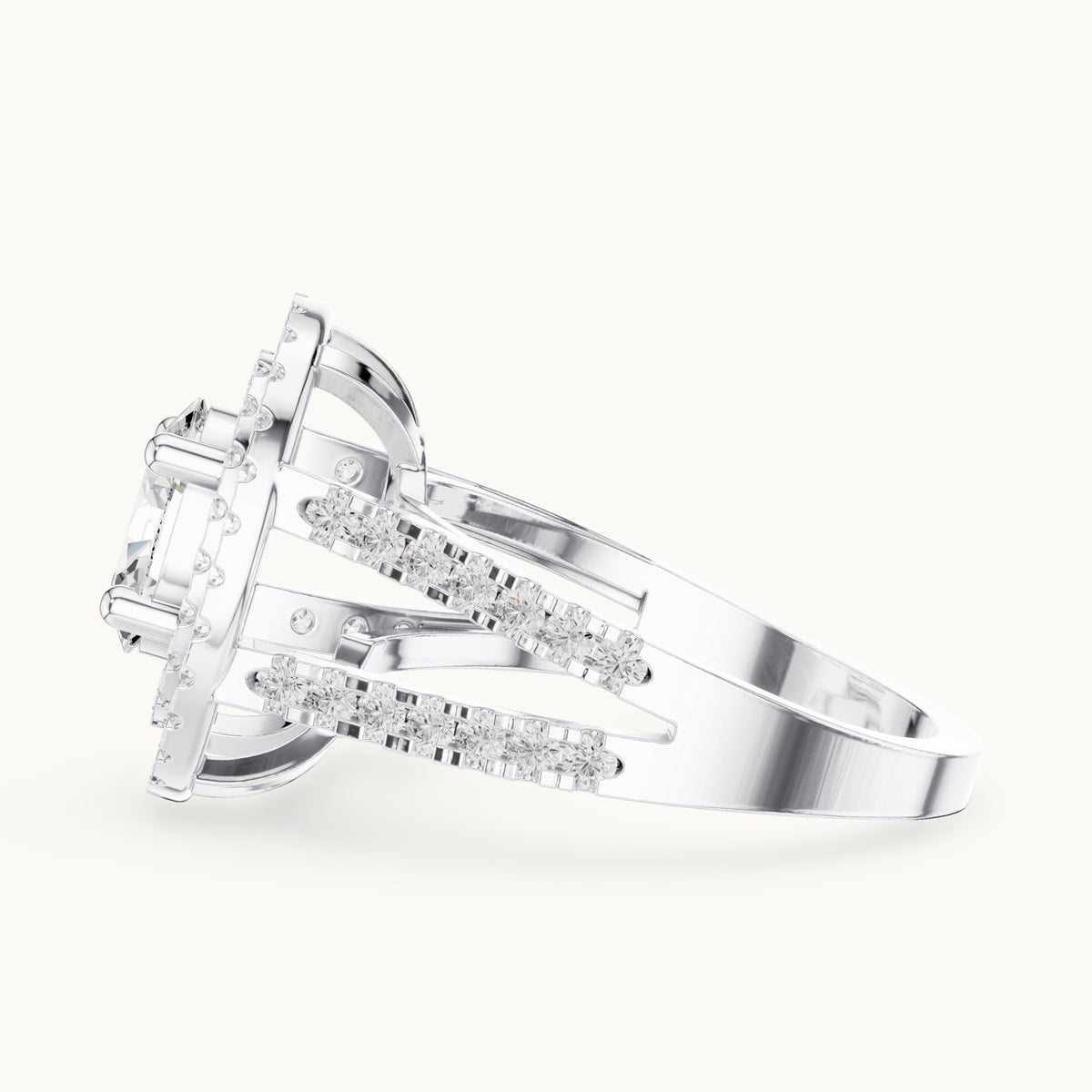 Oval and round lab-grown diamond double halo split shank engagement ring in white gold, 1.72 CT TW, view 3