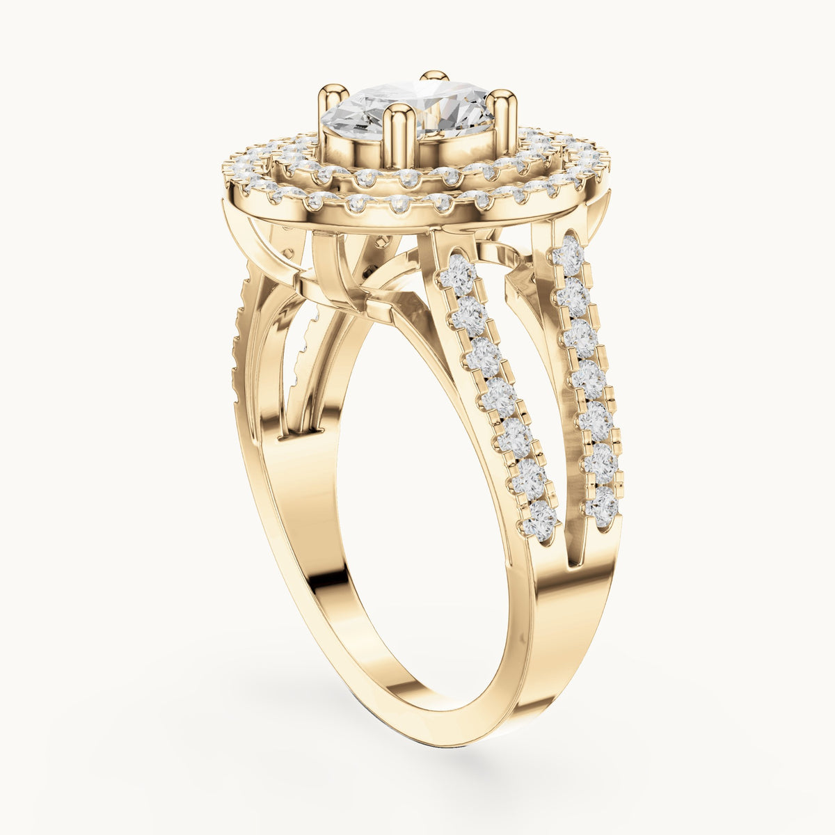 Oval and round lab-grown diamond double halo split shank engagement ring in yellow gold, 1.72 CT TW, view 1