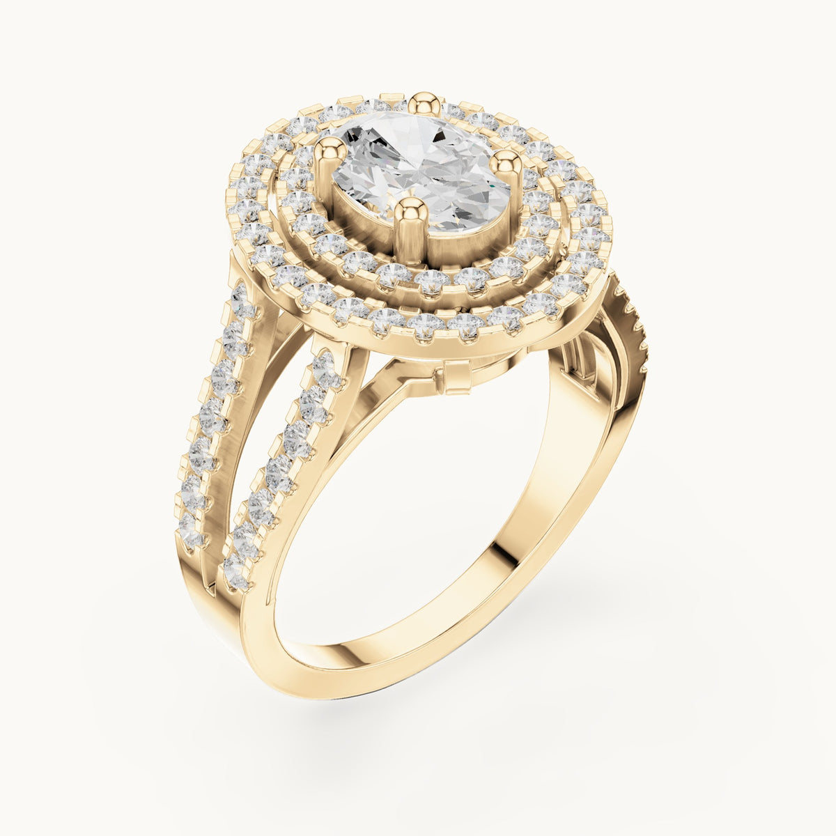 Oval and round lab-grown diamond double halo split shank engagement ring in yellow gold, 1.72 CT TW, view 2