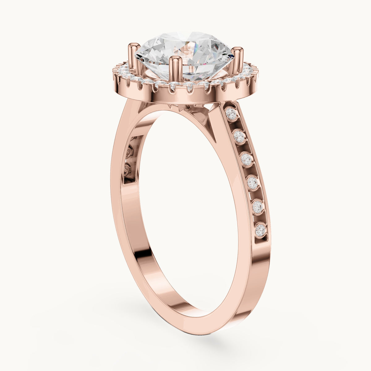 Round lab-grown diamond halo engagement ring with bezel accents in rose gold, 2.295 CT TW, view 1