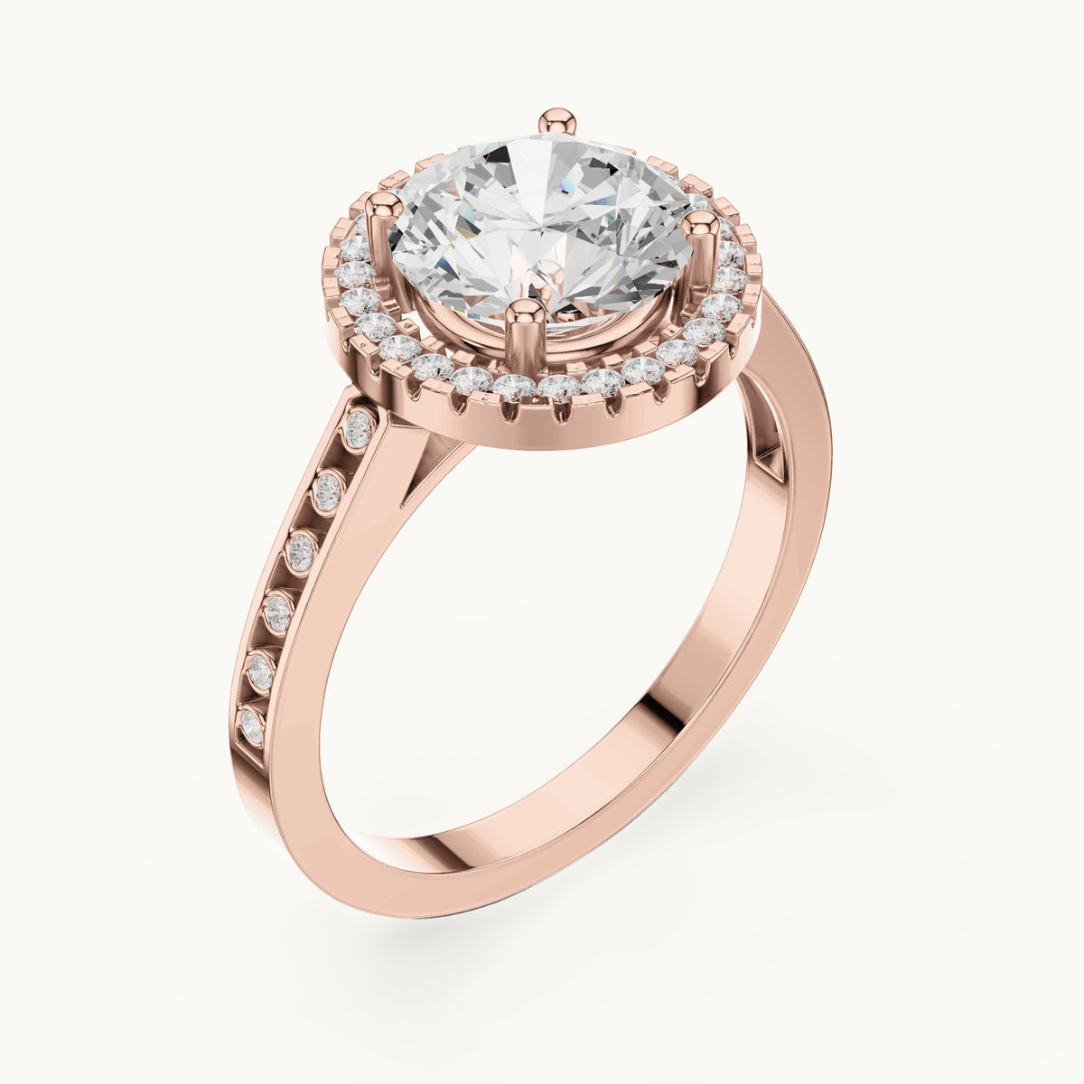 Round lab-grown diamond halo engagement ring with bezel accents in rose gold, 2.295 CT TW, view 2