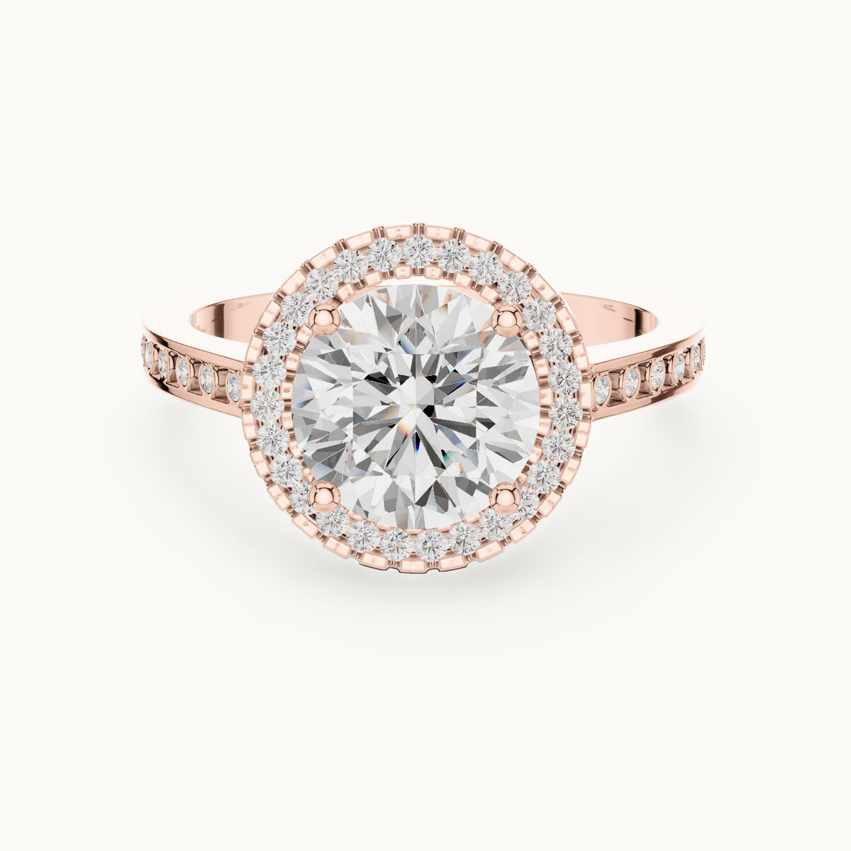 Round lab-grown diamond halo engagement ring with bezel accents in rose gold, 2.295 CT TW, view 4