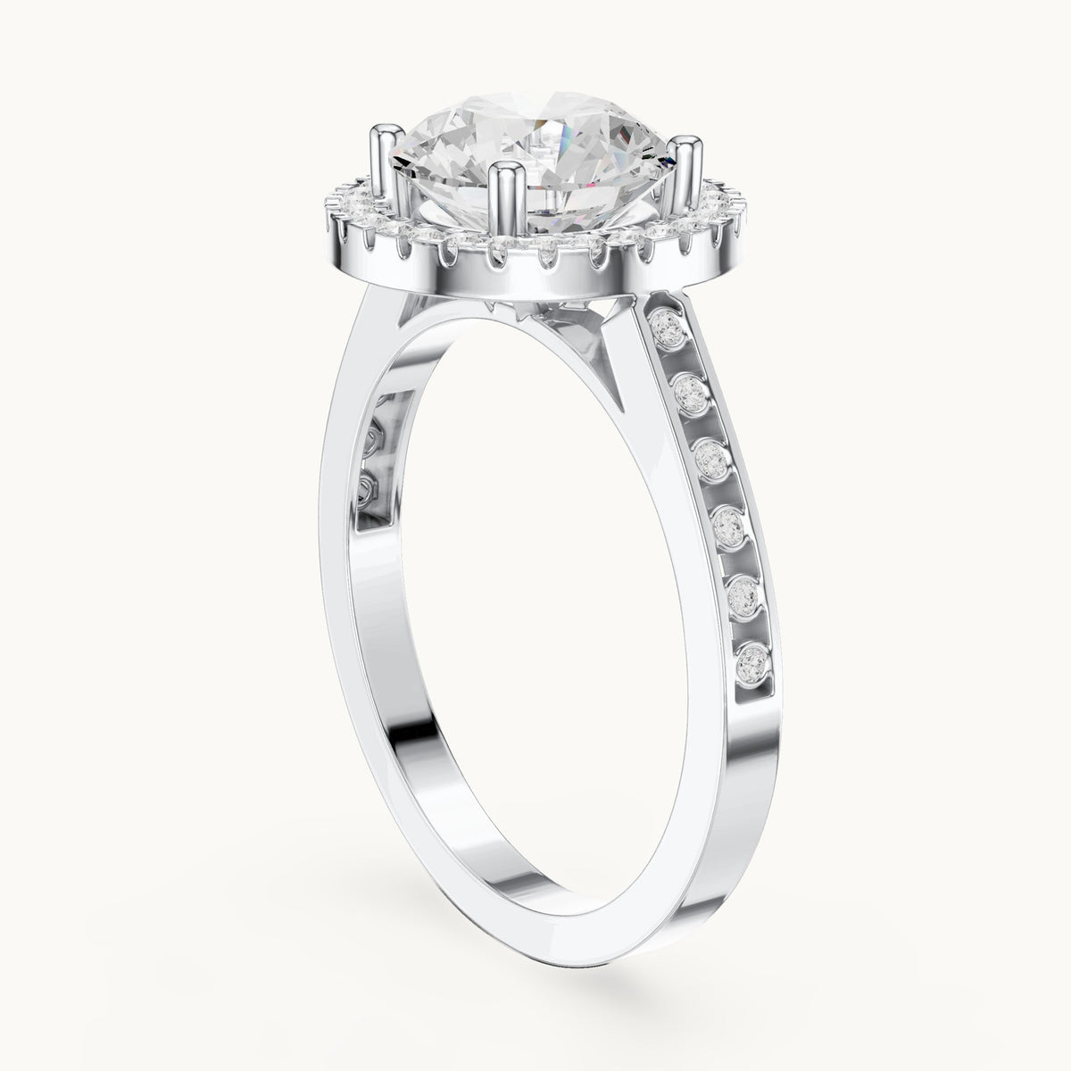 Round lab-grown diamond halo engagement ring with bezel accents in white gold, 2.295 CT TW, view 1